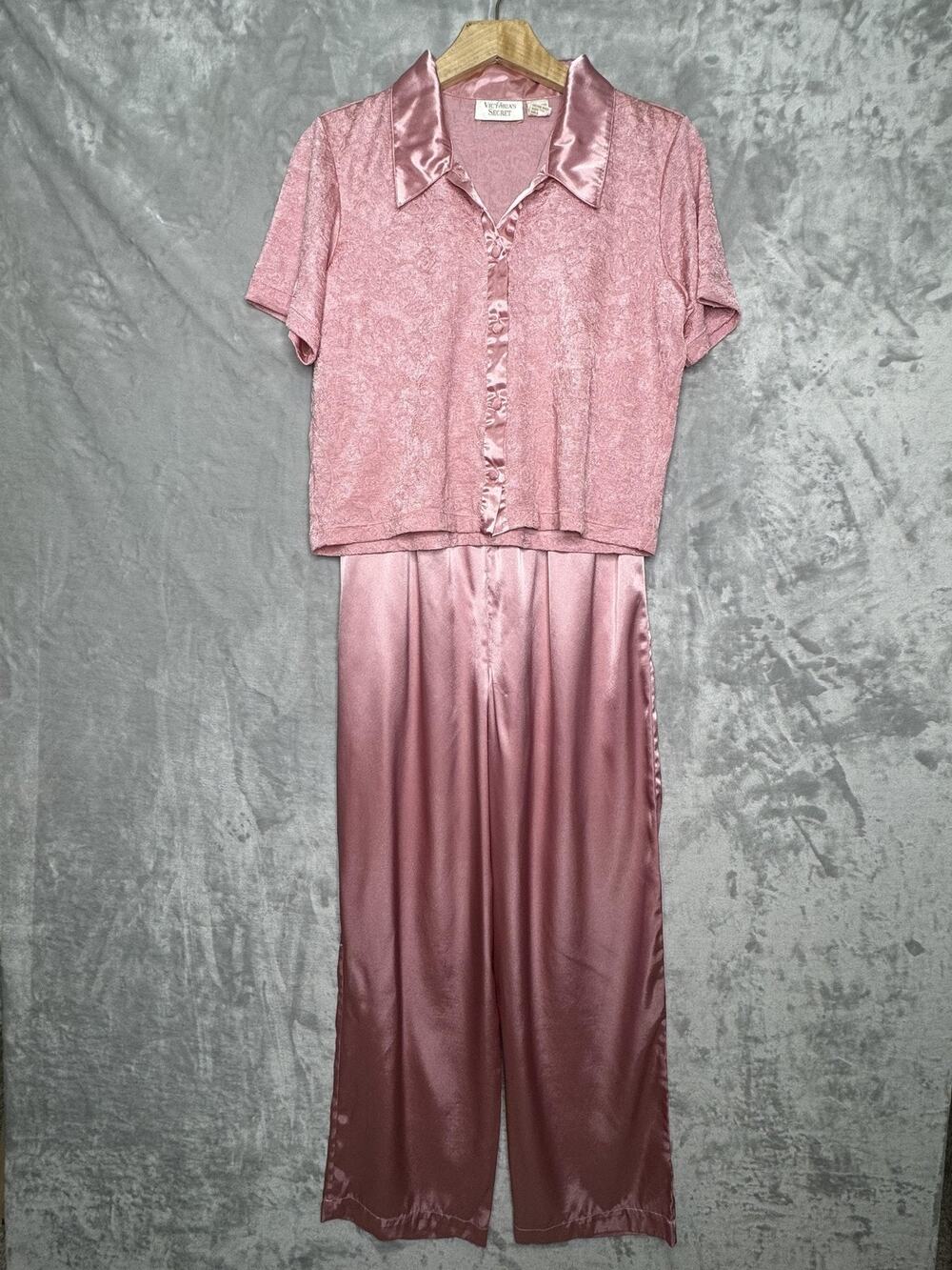 Vtg Victoria's Secret Pajama Set Womens Small Pink Floral Satin Top Pants Lounge